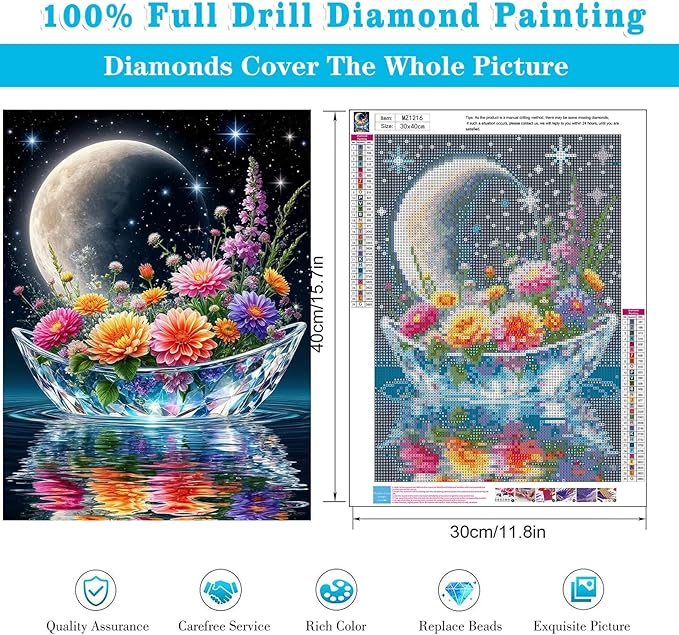 Meothan Diamond Art Kits for Adults, 5D DIY Moon Flowers Boat Diamond Painting Kits for Beginners, Diamond Dots Gem Arts Crafts Kits for Living Room Bedroom Offices Home Wall Decor 12X16 Inch