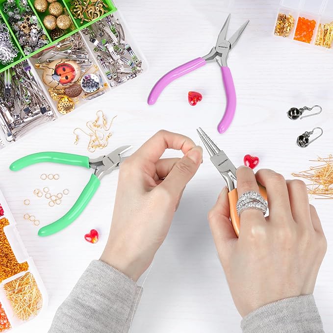 WORKPRO Jewelry Pliers Set, 3-Piece Mini Jewelry Tool Kit—Purple Needle Nose Plier/Chain Nose Plier, Orange Round Nose Pliers & Green Wire Cutter for Jewelry Making, Beading & Wire Wrapping