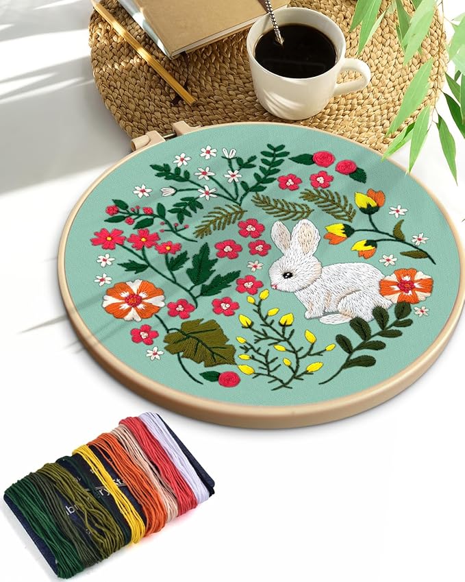 TINDTOP Embroidery Kit for Beginners Adult, Rabbit Embroidery Kit for Beginners Include Embroidery Cloth Hoops Threads for Craft Lover Hand Stitch with Embroidery Skill Techniques