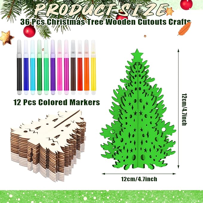 Blosssound 48 Pcs Christmas Craft Set 36 Pcs 3D Wood Tree Cutouts Wooden Unfinished Tree Slices to Paint with 12 Colored Markers for Winter Xmas Xmas DIY Handmade Projects Tiered Tray Decor