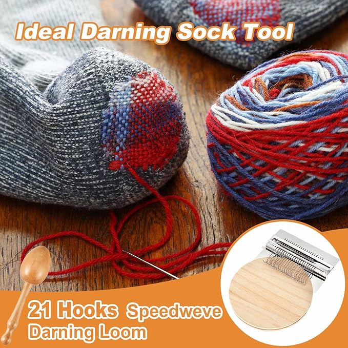 Jexine Mini Darning Egg for Socks 21 Hooks Small Speedweve Style Weaving Darning Loom with 9 Pcs Large Eye Needles 50 Colors Thread for Handcraft DIY Weaving Repair Tool(Silver)