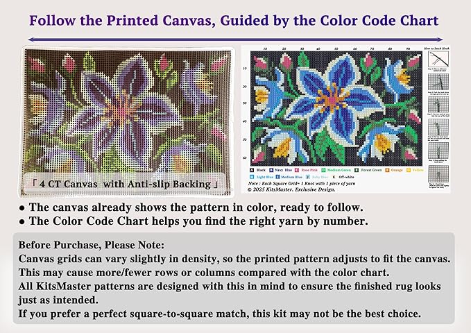 KitsMaster Blue Flower Latch Hook Rug Kit for Adults, Beginner-Friendly Rug Making Craft Set with Pre-Printed Canvas and Color-Coded Yarn, 23.6''x15.8'' (Midnight Bloom)