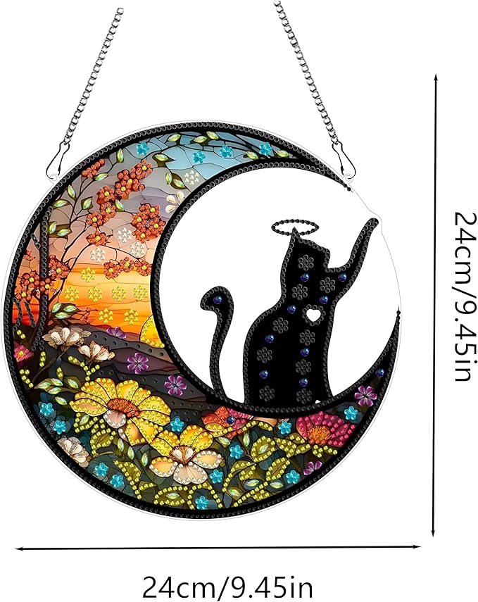 hyzsj DIY Hanging Diamond Art Pendant Painting Kit Moon,Acrylic 5D Painting Window Pendants Cat, Special Crystal Gem Craft Painting Kit Ornament 9.4x9.4inch