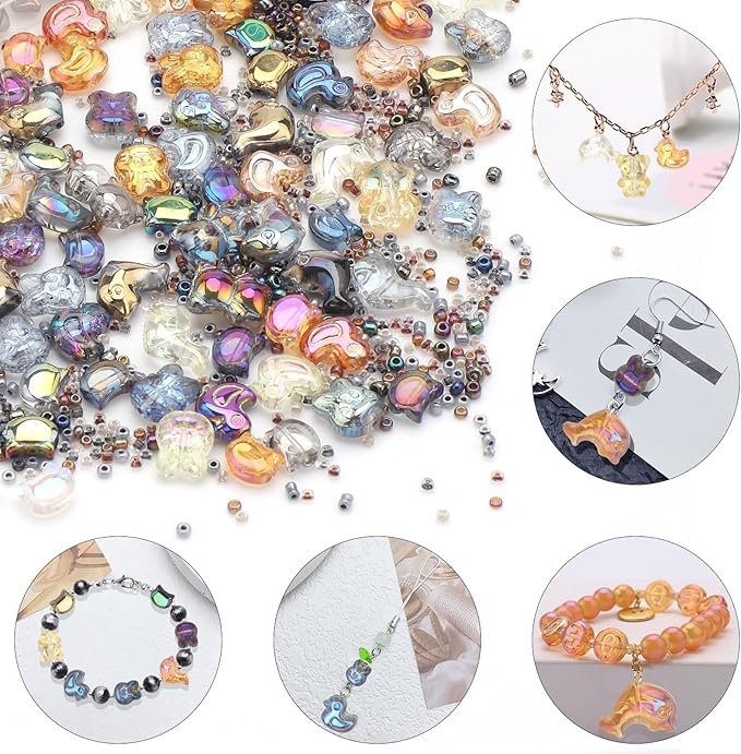 640pcs Shaped Animal Glass Beads for Jewelry Making, Shaped Cat/Rabbit/Duck/Bear/Dolphin Loose Spacer Beads for DIY Supplies Bracelets Necklaces Earrings