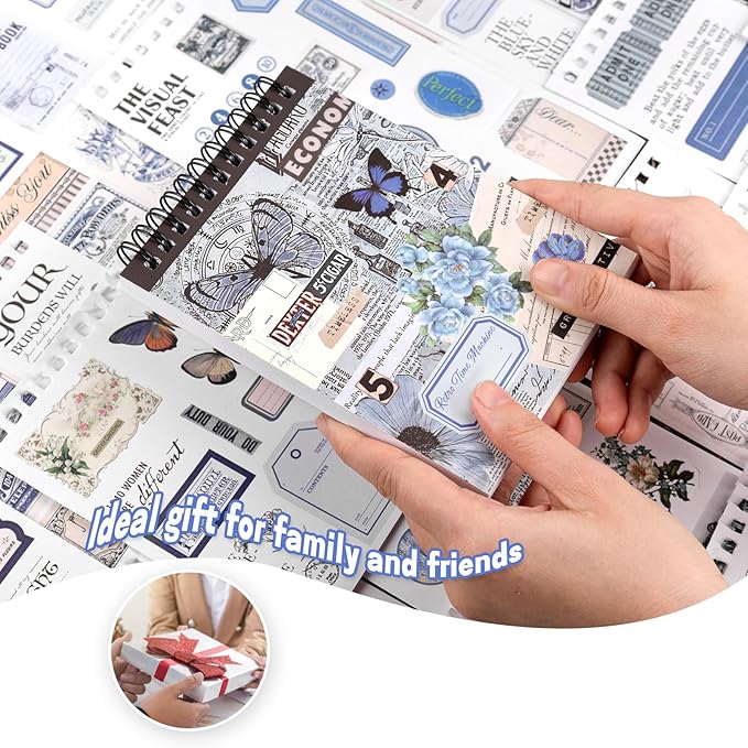 Pre-Cut Vintage Ephemera Washi Scrapbook Sticker Book for Scrapbooking - 50 Sheets Blue Journaling Dark Academia Stickers for Junk Journal Scrap Book Supplies Arts Frame Album, 473PCS