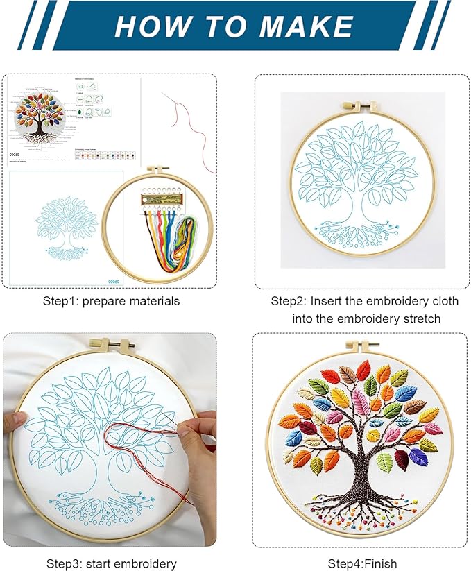 Zhenqing Rainbow Tree of Life Embroidery Kit for Beginners - 29x29cm Printed Fabric with Hoop & Full Tools (C0060)