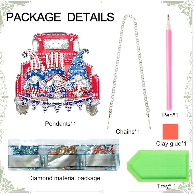 AiYuanzsh Red Car Gnome Diamond Painting Hanging Kit, 5D DIY Acrylic Special Shaped Diamond Art Pendant Ornament with Chain, Independence Day Wall or Door Decor, July 4th Crystal Art Kit for Adults