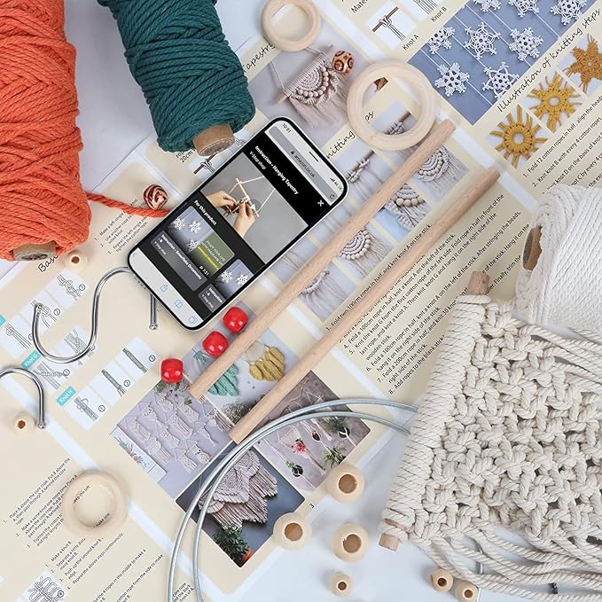 UHAPEER Macrame Kits for Adults Beginners, DIY Macrame Plant Hanger Kit and Macrame Supplies, with 3 mm Macrame Cord Cotton, Macrame Meads, Wooden Rings, Dream Catcher Rings, Craft Kits for Adults