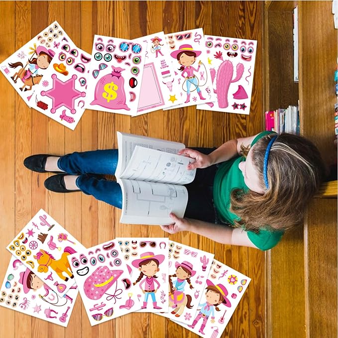 24 sheets cowboy cowgirl stickers for kids, country western cowgirl make a face sticker, make your own stickers sheets, pink cool theme art craft supplies