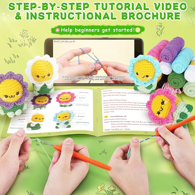 fortuning's jds crochet kit for beginners - 4pcs flowers complete crochet starter kit with step-by-step video tutorials, beginner crochet kits for adults women, flower family crocheting set