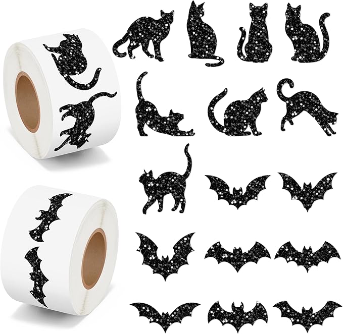 beyumi halloween bats cats sticker - 1000pcs halloween laser black bats and cats shape stickers in 2 rolls holographic sparkly waterproof adhesive decal gift party envelope scrapbook decor for kids