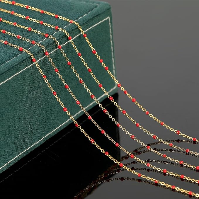 UMAOKANG 10 Meters Gold Plated Chains for Jewelry Making Red Enamel Bead Stainless Steel Chain for Women Necklace DIY Craft
