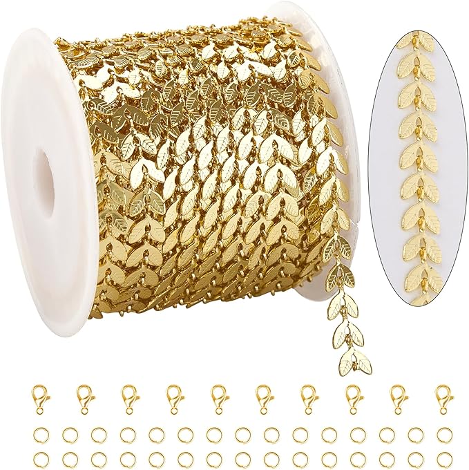 KYUNHOO 16.4/5M Gold Plated Chains for Jewelry Making Embossed Leaf Chain Roll Light Gold Jewelry Making Chains with Lobster Clasps and Jump Rings for Crafting