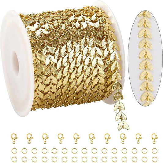 KYUNHOO 16.4/5M Gold Plated Chains for Jewelry Making Embossed Leaf Chain Roll Light Gold Jewelry Making Chains with Lobster Clasps and Jump Rings for Crafting
