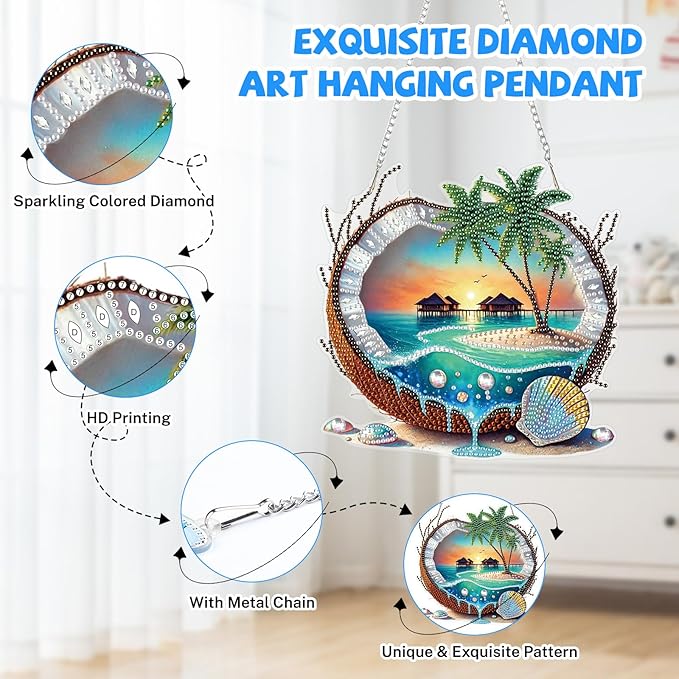 Bowetile Coconut Diamond Art Hanging Kits for Adults, Summer Diamond Art Suncatchers Beach, 5D Special Shape Diamond Painting Pendant Window Ornament Gifts for Home Wall Garden Decor