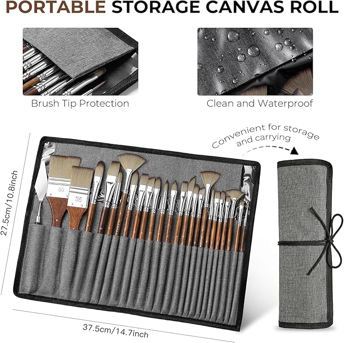 Fuumuui 25pcs Paint Brush Set, Professional 9 Shapes with Wide Flat, Filbert, Fan, Dagger, Cat Tongue, Round, Angle, Rigger for Acrylic Oil Watercolor | Includes Palette Knife & Waterproof Canvas Roll