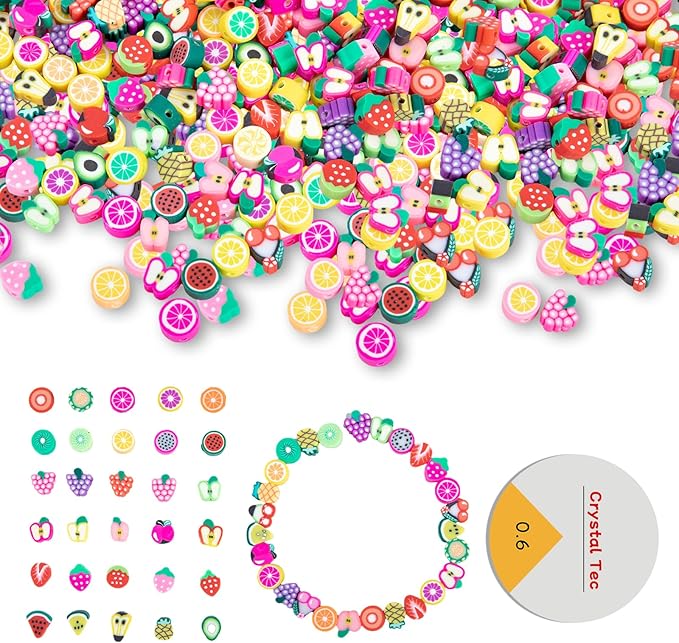 500 Pcs Fruit Polymer Clay Beads Charms for Crafts with Elastic String for Making Bracelet Necklace Craft Decoration DIY Crafts