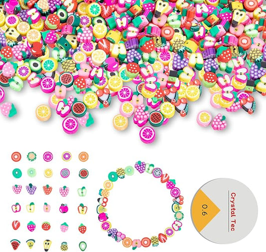500 Pcs Fruit Polymer Clay Beads Charms for Crafts with Elastic String for Making Bracelet Necklace Craft Decoration DIY Crafts