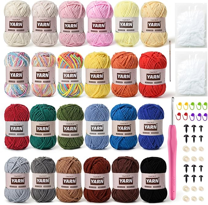 24 Pack Chenille Velvet Yarn - Baby Yarn for Crocheting Soft - Amigurumi Yarns Set with 1200g(1574yd) Crochet Yarns Crochet Hook、Stitch Markers、Fluffy Stuffing、Accessories B