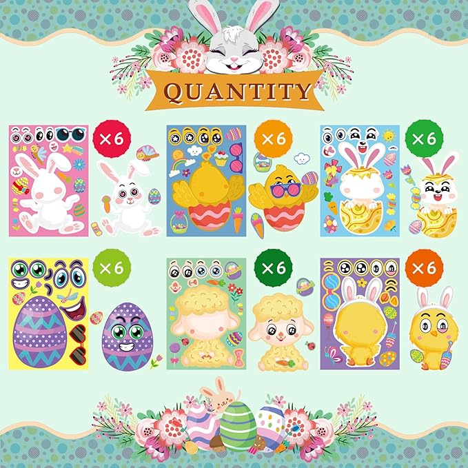36 sheet easter stickers for kids,easter basket stuffers,make a face sticker, make your own animal stickers,spring party favor, birthday gift