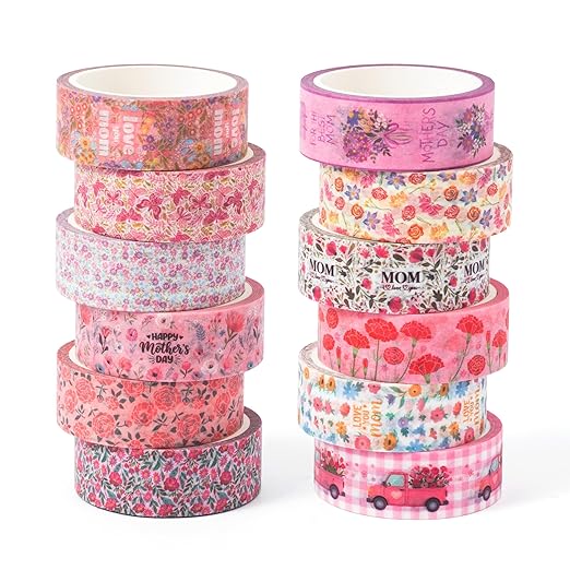 Mother's Day Washi Tape - 12 Rolls Daisy Floral Bouquet Vintage Truck Love Mom Message Designs Acid Free Repositionable Adhesive for Scrapbook Gift Wrapping Card Making Journal Supplies