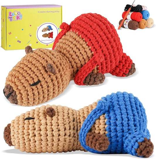 LUDOTEK Crochet Kit for Beginners, Crochet Animal Kits,Crocheting Kit for Starters with Step-by-Step Video Tutorials, Beginner Crochet Kits for Adults(2 Pack Capybara)