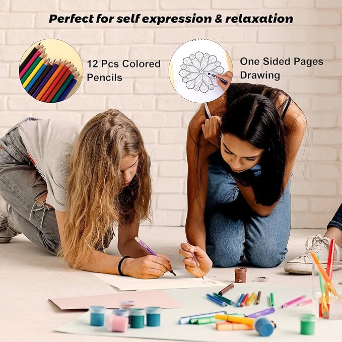 Mandala Coloring Book for Adults 41 Unique Single Sided Patterns and 9 Blank Pages with 12 Colored Pencils Set 130GSM Thick Paper Stress Relief & Mindfulness Gift for Women Men, 8.5 X 11in