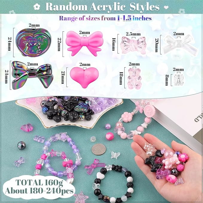 210-270pcs tinkrstuff assorted acrylic beads for bracelet making,cute beads for jewelry making flower bow butterfly candy gummybear kawaii aesthetic bracelet charms, necklace keychain phone charms diy