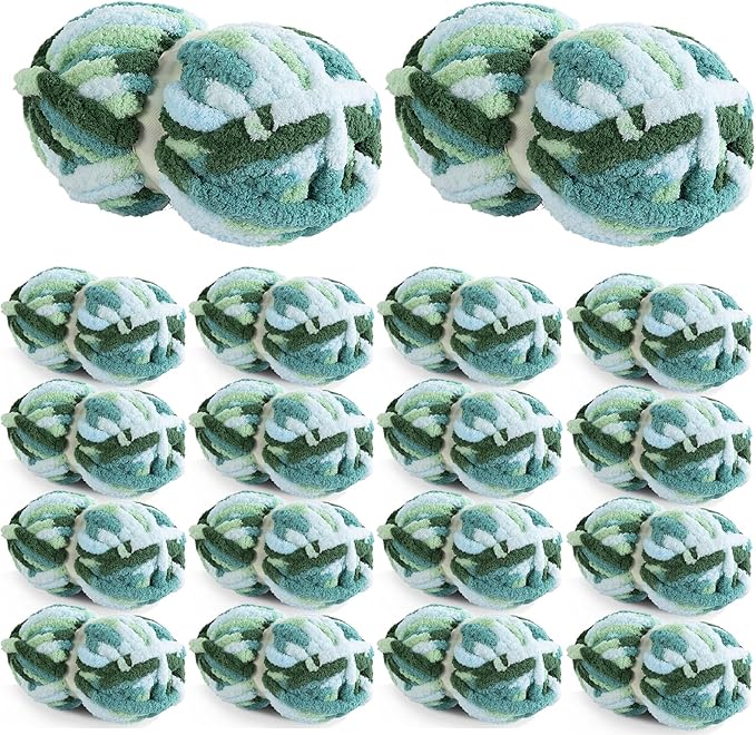 HOMBYS Chunky Tie Dye Mix Chenille Yarn for Hand Knitting, Super Bulky Jumbo Yarn for Crocheting, 3/4" Thick Soft Plush Yarn for Blankets, 18 Skein Pack (26 yds / 7.5 oz Each) (Mint, Teal, Green