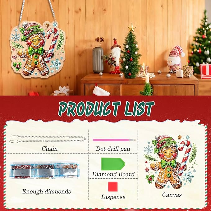 EMIEAUFG Christmas Diamond Art Hanging Kit for Adult, Xmas Gingerbread Diamond Art Pendants, Double Sided Acrylic & 5D Special Shaped Rhinestone, Christmas DIY Ornament for Window Home Wall Decor
