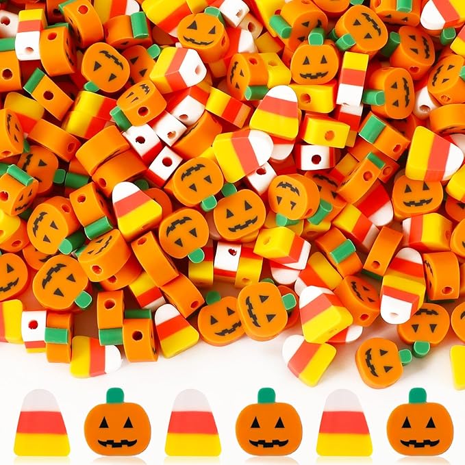 Augshy 300Pcs Halloween Polymer Clay Beads, Pumpkin Candy Corn Clay Beads Spacer Loose Beads for Bracelets Necklaces Earrings Craft Supplies for Jewelry Making