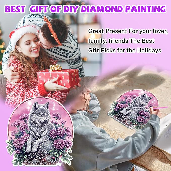 Bowetile Wolf Diamond Art Hanging Kits for Adults, 5D Special Shape Diamond Painting Flowers Pendant Kits, Gem Art Suncatchers Painting Window Ornament for Home Garden Wall Decor