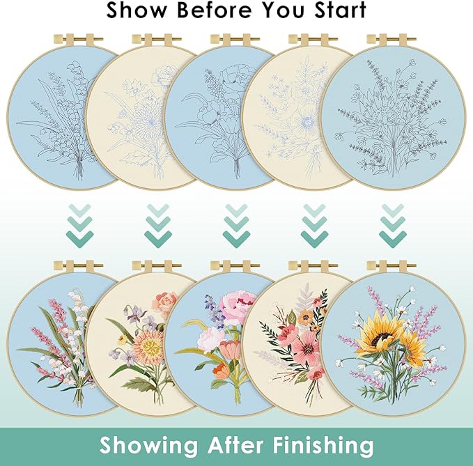 ERKOON Embroidery Kit for Beginners, 5 Sets Flower Cross Stitch Set for Adults Include Embroidery Cloth Hoops Threads for Craft Lover Hand Stitch with Skill Techniques (Bouquet)