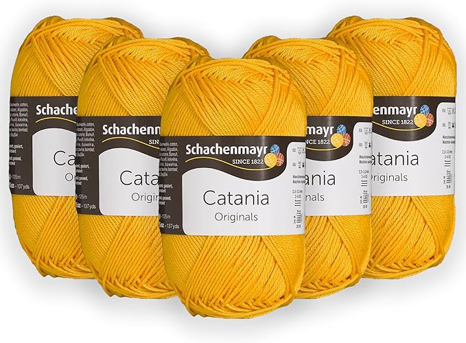 5 Skein/Pack Schachenmayr (SMC) Catania Originals Yarn, Each Ball 1.76 Oz (50gr) / 136 Yards (125 m), 100% Mercerized Cotton for Knitting and Crochet Yarn, Sport Weight, 208 - Sun