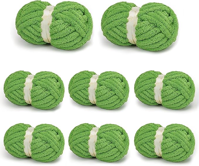 Chunky Yarn for Hand Knitting, Chunky Chenille Blanket Yarn for Crocheting, Bulky Soft Fluffy Chenille for Blanket Project, 8 Pack of 8oz/25yds, Green