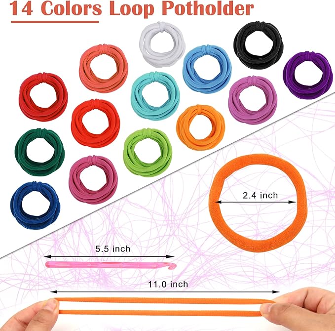 Windspeed 336 Pcs Loop Potholder 14 Colors Elastic Weaving Refill Loops Potholder for with 2 Pcs Crochet Hooks for DIY Crafts Supplies