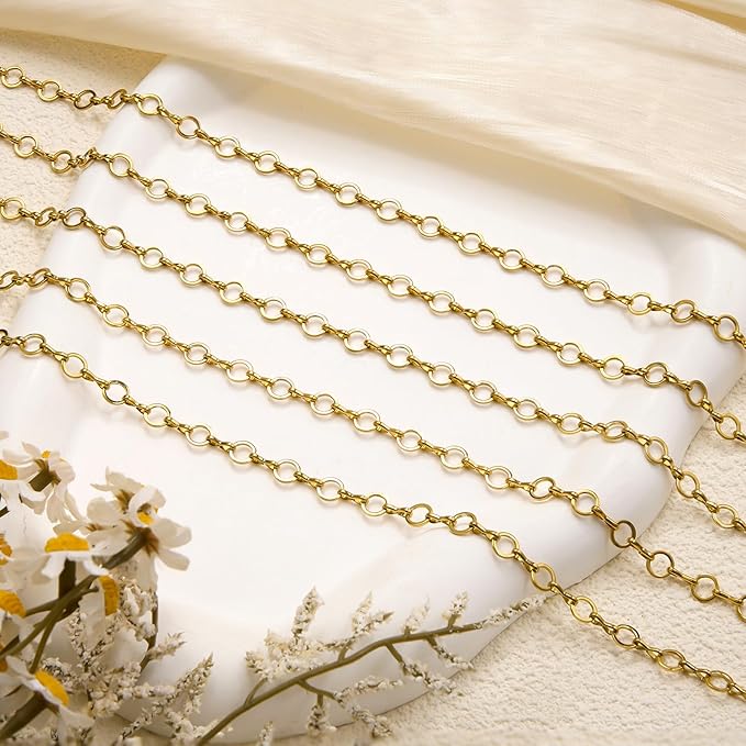 5 Meters Gold Plated Chains for Jewelry Making Stainless Steel Circle Chain Roll with Jump Rings and Lobster Clasps