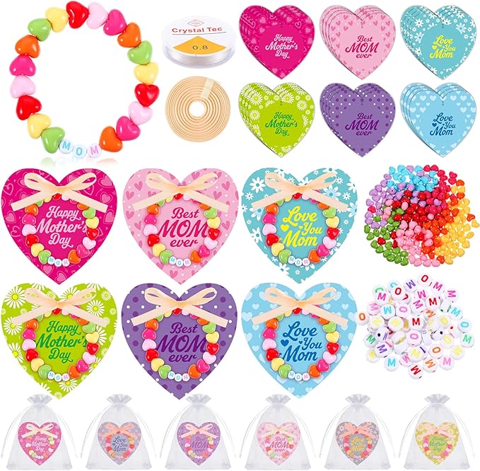 Kigeli 24 Pcs Mother's Day Craft Jewelry Bracelet Making Kit with Heart Beads, Mom Letter Beads, Organza Bags, Ribbon, Elastic Cord & Cards for DIY Bracelets