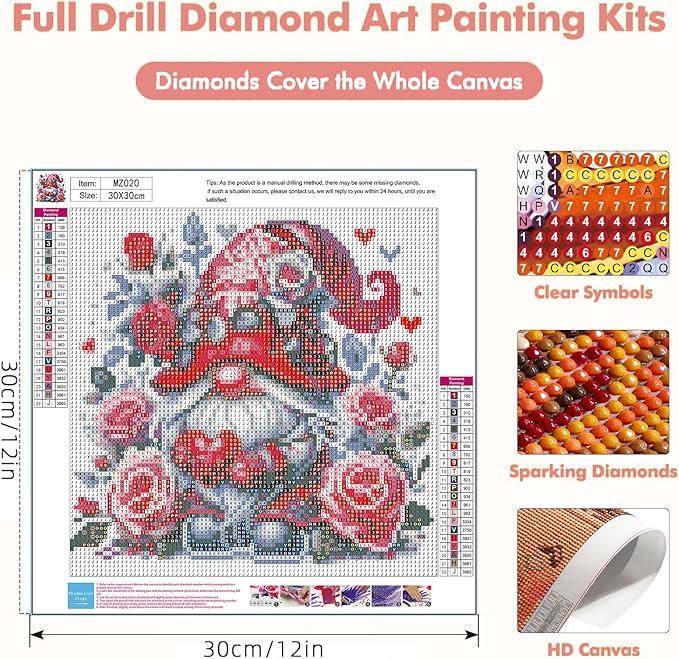 Gnome Valentine Diamond Art Kits for Adults-Round Full Drill 5D Gnome Love Diamond Painting Kits for Adults Beginners Paint by Diamonds Pictures Gem Art Painting Kits DIY Crafts Kits 12x12inch