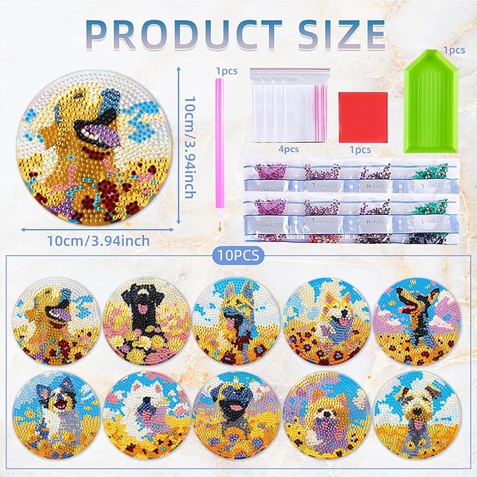 EWJRNSF 10 PCS Diamond Art Coasters Kit, Small Diamond Painting Coasters, Fall Diamond Art Kits for Adults Beginners, Arts and Crafts Supplies Item Sets with Holder Dog