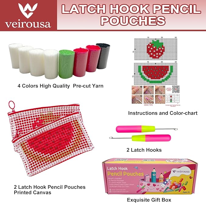 veirousa Strawberry & Watermelon Latch Hook Pencil Case Kit for Adults Beginners, Flully Fruit DIY Craft Pencil Pouch for Girls Boys 2 Pack Set