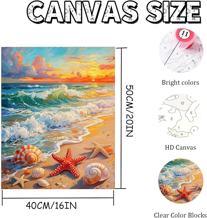 Fotasmua Beach Paint by Numbers Kit for Adults Beginner, Ocean Shellfish Easy Adult Paint by Number Kits on Canvas, DIY Acrylic Oill Painting Arts and Crafts Kits for Home Wall Decor 16x20 Inch