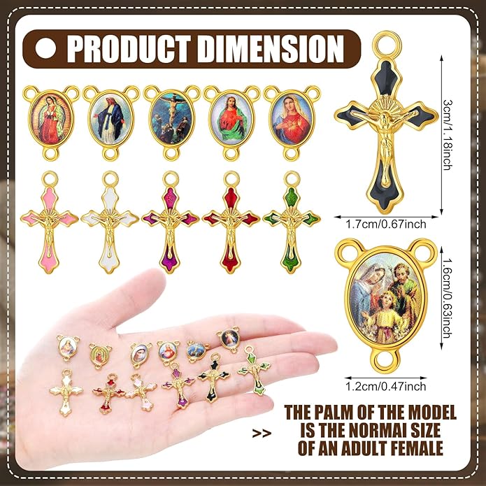 200 Pcs/ 100 Sets Rosary Making Kits Supplies Cross and Center Medal Charm Alloy Picture Religious Charms Crucifix Pendant for DIY Jewelry Making Prayer Bracelet Necklace Earring