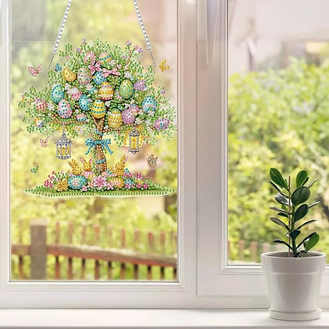 MAXBYE Easter DIY Diamond Art Kits for Adults Hanging Pendant Easter Egg Tree with Rabits, Painting Diamond Gem Art Hanging Kits for Beginners Gift Window Wall Door Decoration 8×12Inch
