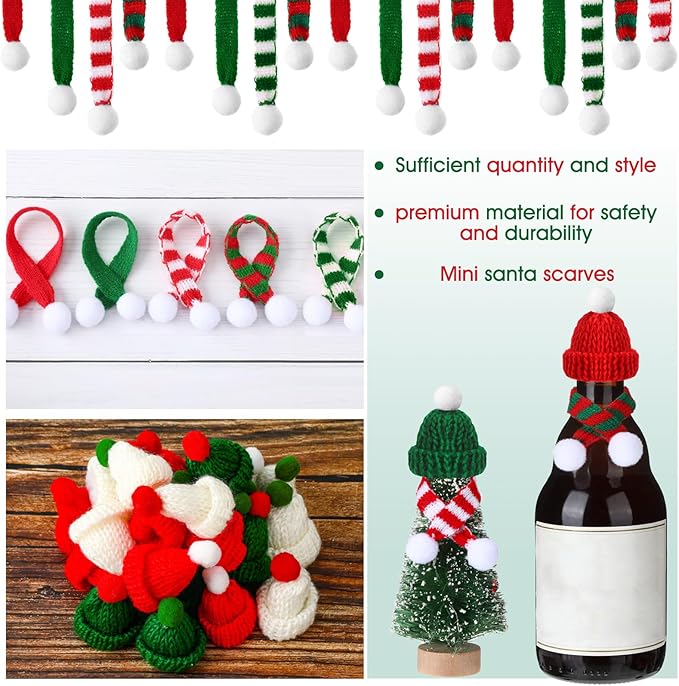 60 Pcs Mini Christmas Knit Hat and Scarf Set, Santa Christmas Tree Ornaments, Cup Bottle Xmas Doll Crafts for DIY Craft Art Decoration (Bright Color)