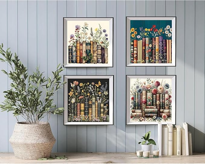 EIBEILI 4 Pack Book Flower Diamond Art Kits for Adults, Book 5D Diamond Painting Kits for Beginner DIY Gem Art Full Drill Diamond Dots Crystal Craft Kits for Home Wall Decor Gifts 12x12inch