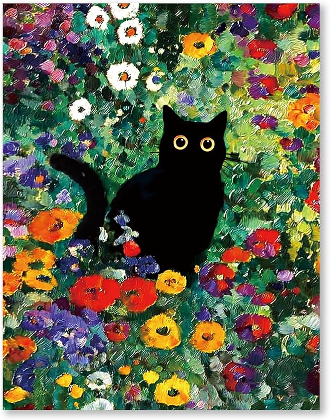 RLTXBUK Vintage Floral Black Cat Cross Stitch Kits, Black Kitten Cottagecore Colorful Wildflower Stamped Counted Cross Stitch Kits for Adults, Cat Mom Lovers Gifts, 11.8x15.8 Inch