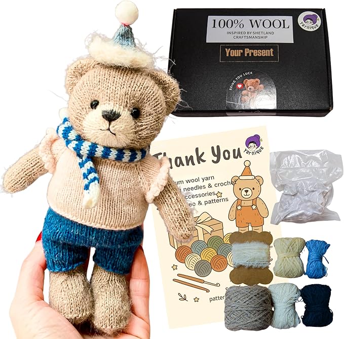 Yarnique Wool Bear Knitting Kit – Real Wool Amigurumi Kit for Adults with Video Tutorials | DIY Bear Crochet & Knitting Kit with Tools | Holiday Gift Craft Set (White Sweater)