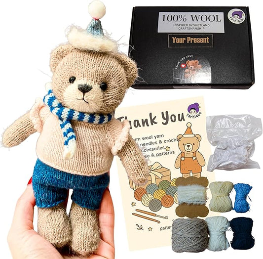 Yarnique Wool Bear Knitting Kit – Real Wool Amigurumi Kit for Adults with Video Tutorials | DIY Bear Crochet & Knitting Kit with Tools | Holiday Gift Craft Set (White Sweater)