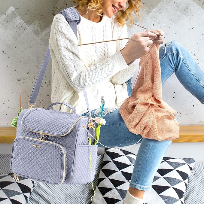 Crochet Bag Organizer, Quilted Storage Bag with Hanging Hook, Yarn Holder for Knitting & Crochet Accessories, Mother's Day Gift